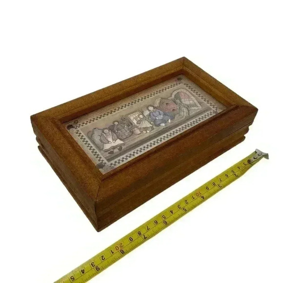 Wooden Jewelry Box Rag Dolls on Shelf Folk Art Print Hinged Lid Country Vintage - Picture 8 of 9
